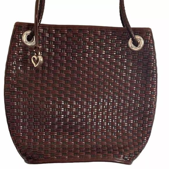 BRIGHTON Leather Bucket Bag Weave Dark Brown Handbag Purse NICE - Picture 2 of 9